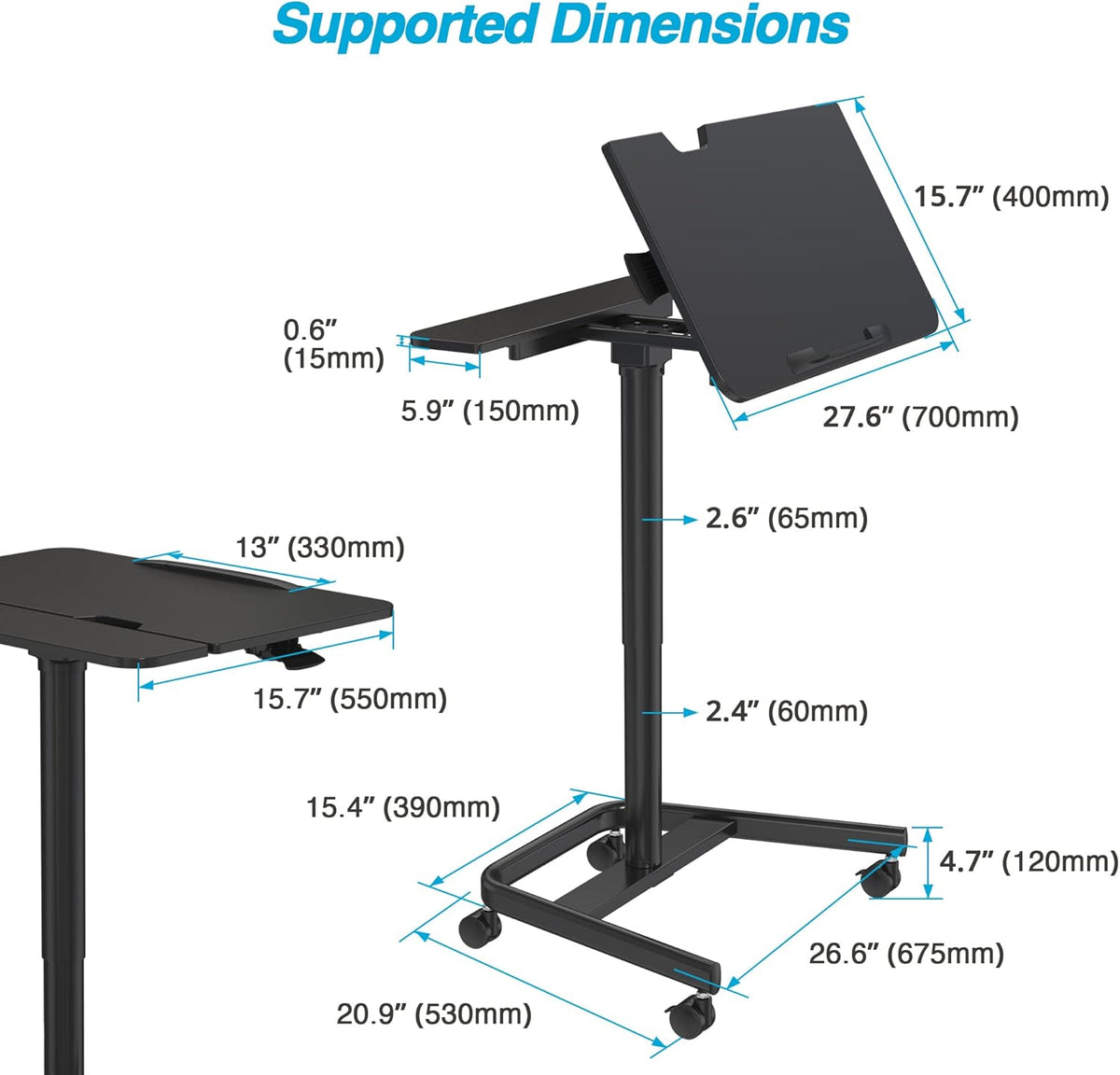 Black Mobile Standing Desk with Split Top Tilting Tray and Brake Casters L4363