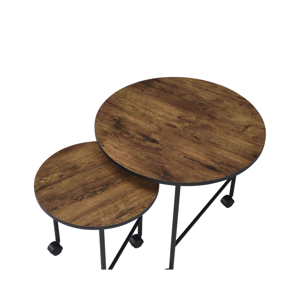 Round Nesting End Table with Casters, Oak Brown and Black Q443