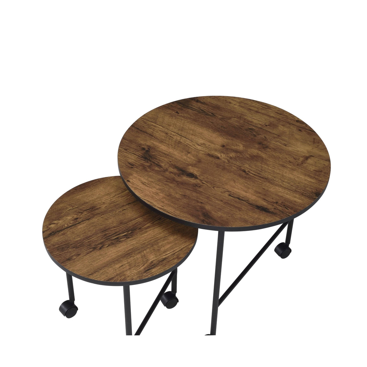 Round Nesting End Table with Casters, Oak Brown and Black Q443