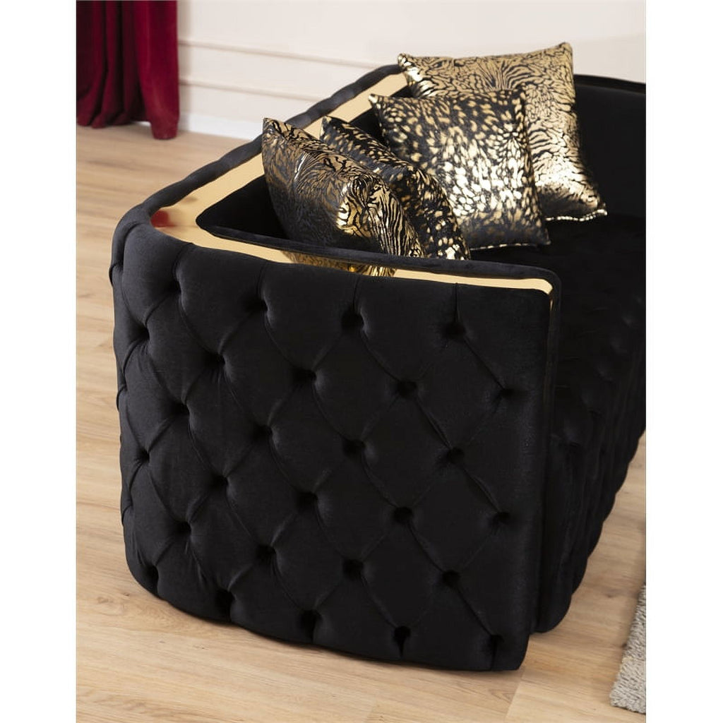 2 Pc Velvet Button Tufted Sofa Set in Black F66281
