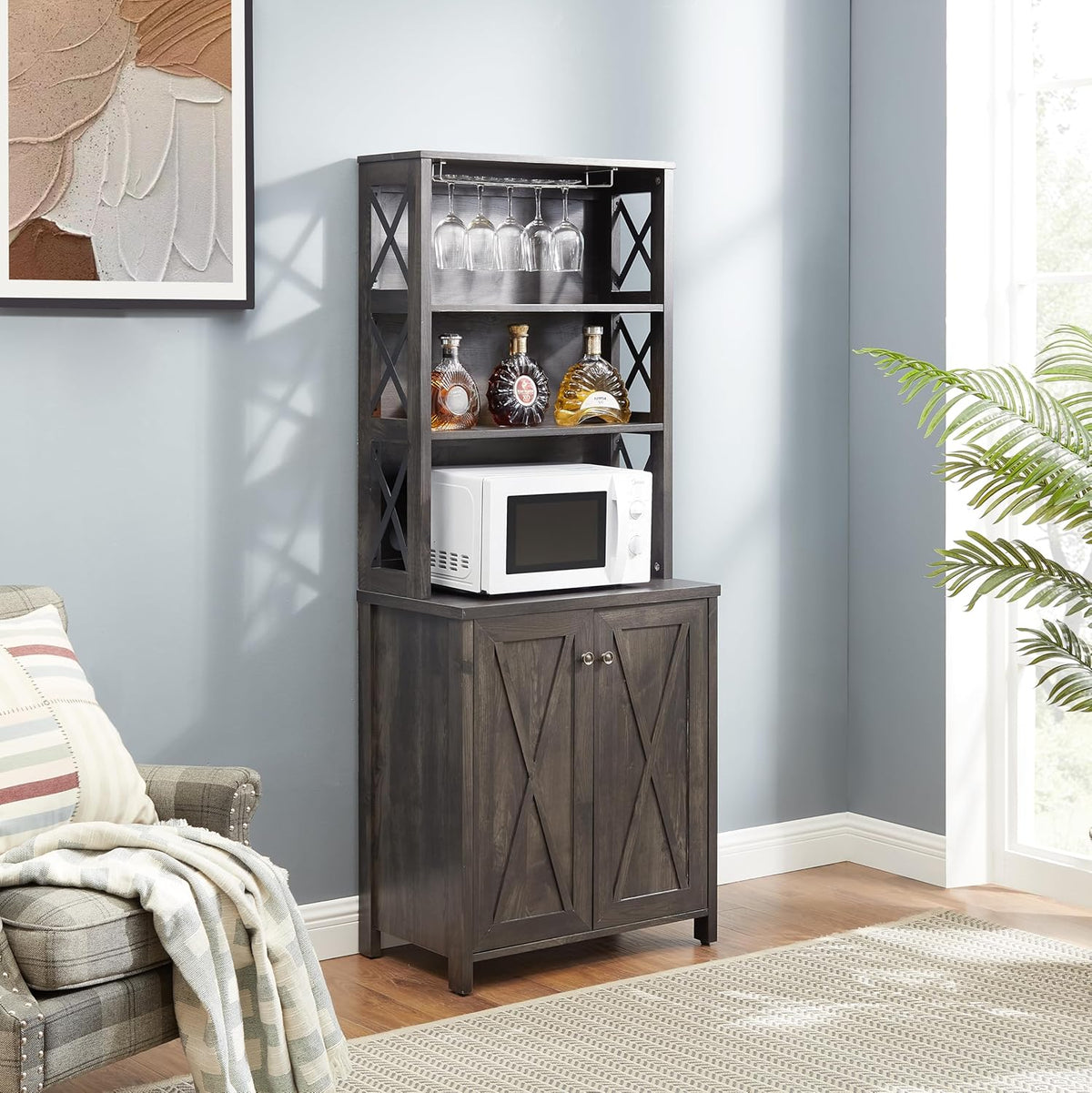 Charcoal Gray Coffee Bar Cabinet with Microwave Stand P872058