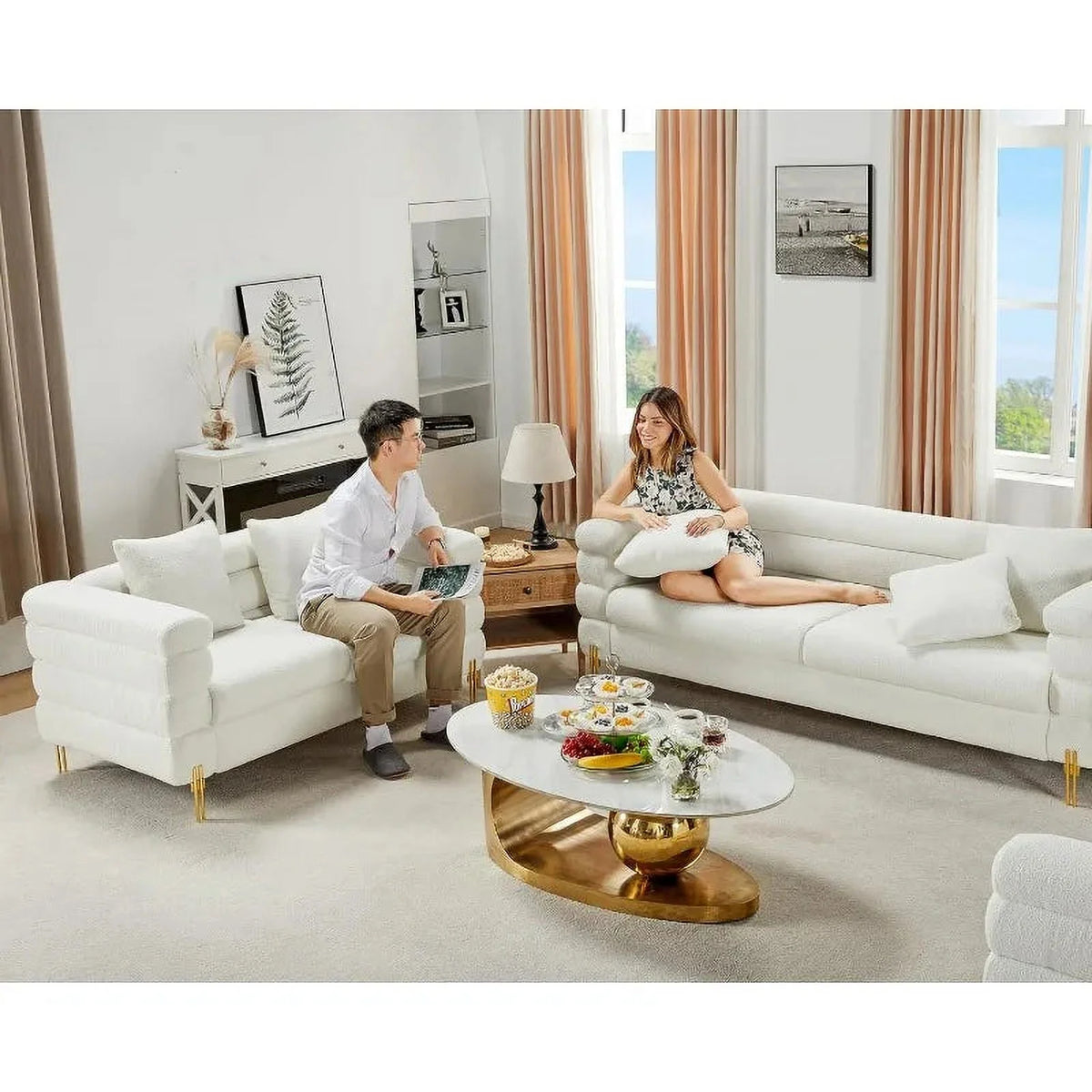 Oversized 85 Inch 3 Seater White Bouclé Sofa K118795