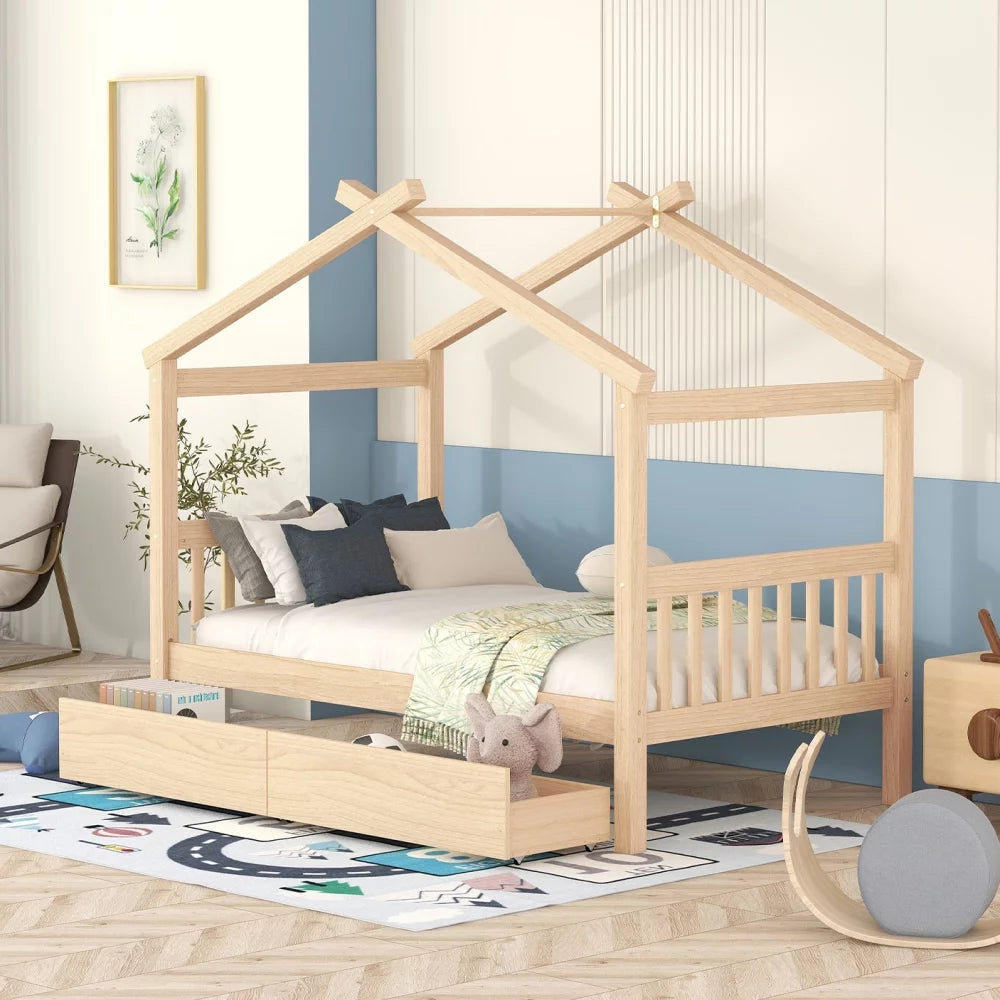 White Twin Size Solid Wood House Bed with Trundle B331
