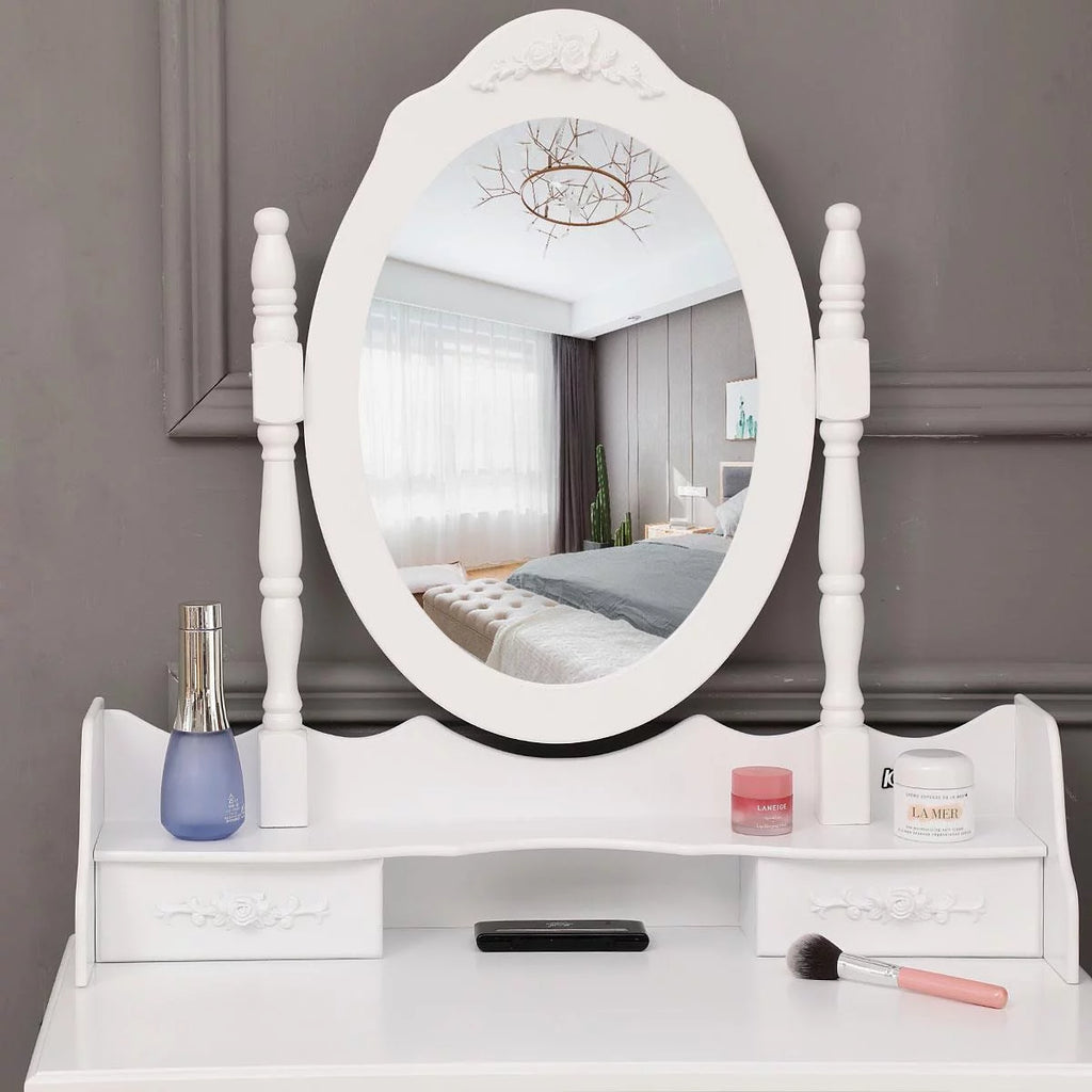 White Vanity Table and Stool Set with 4 Drawers & Mirror I8302