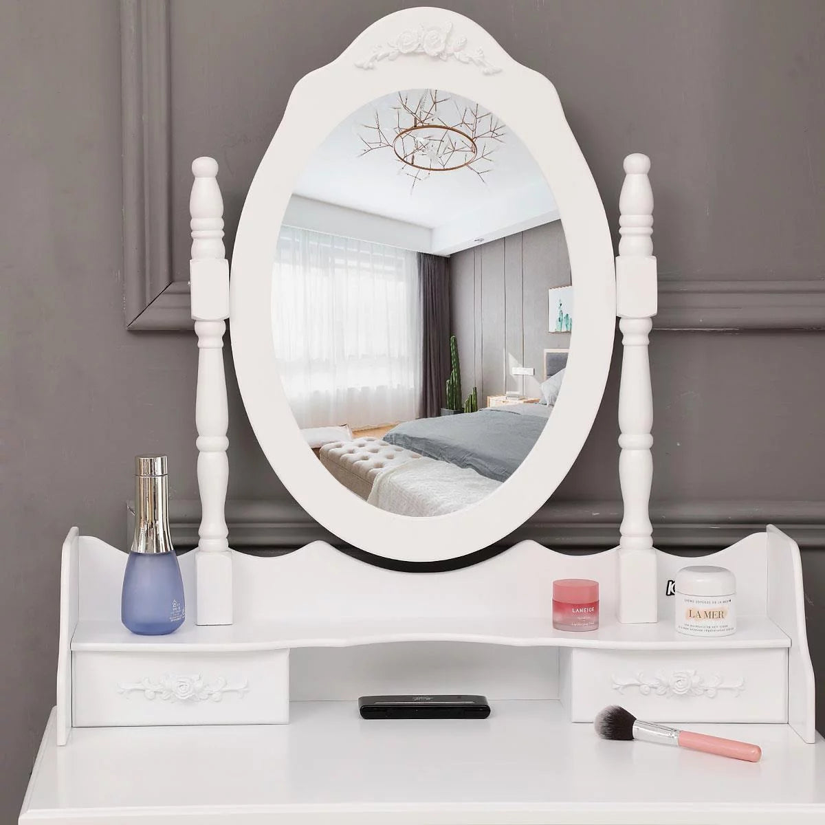 White Vanity Table and Stool Set with 4 Drawers & Mirror I8302