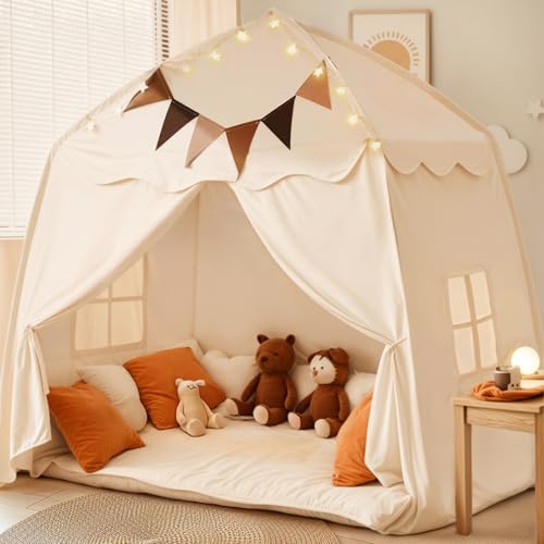 Cream Extra Large Kids Play Tent with Flags & Star Lights, 59x39x59 in C702