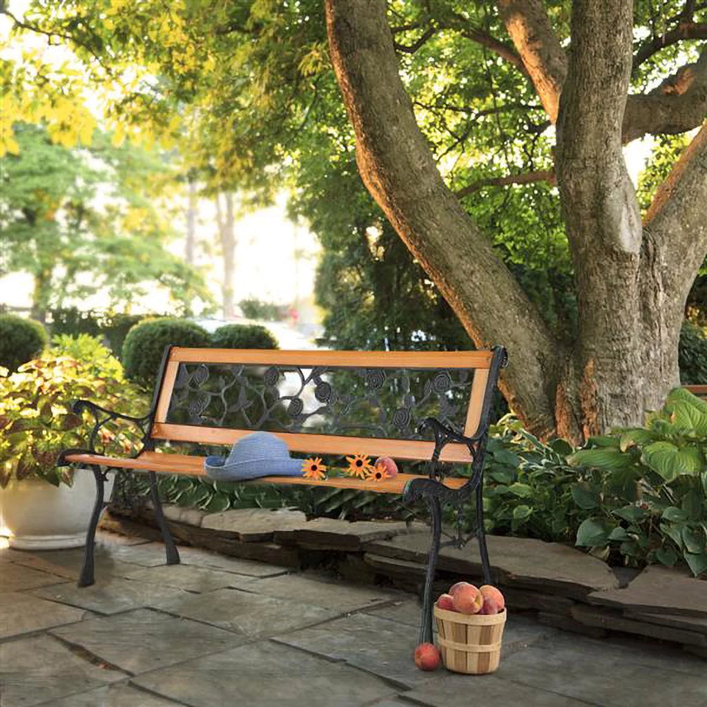 49-Inch Cast Iron Steel Frame Hardwood Garden Bench with Floral Design Backrest N398