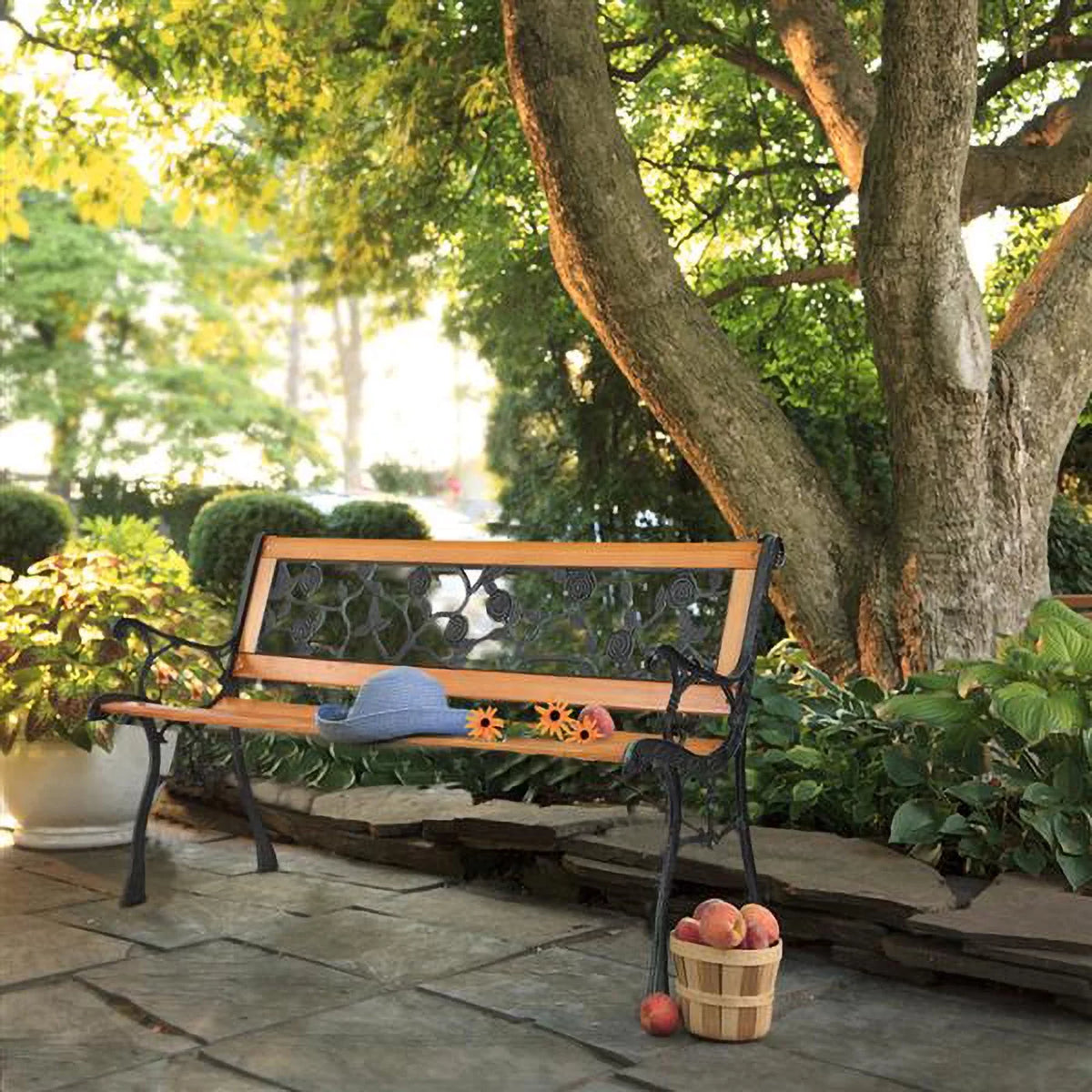 49-Inch Cast Iron Steel Frame Hardwood Garden Bench with Floral Design Backrest N398
