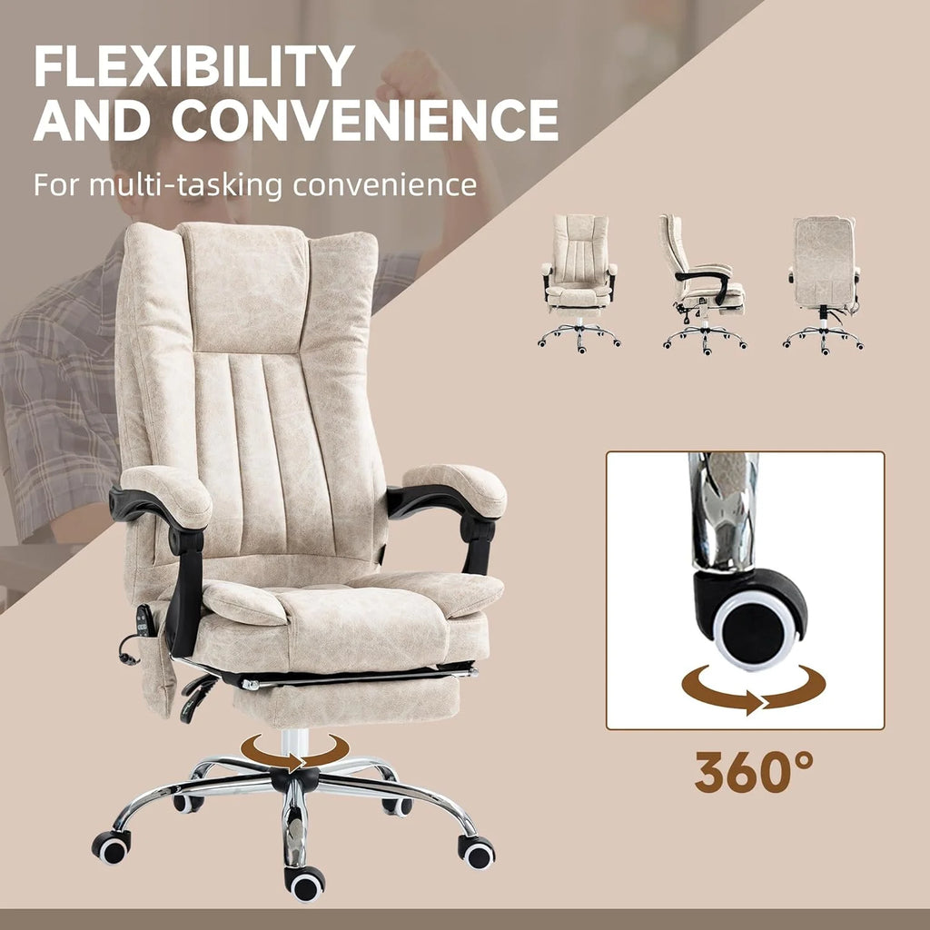 Cream White Microfiber High Back Office Chair with Massage and Footrest P4535