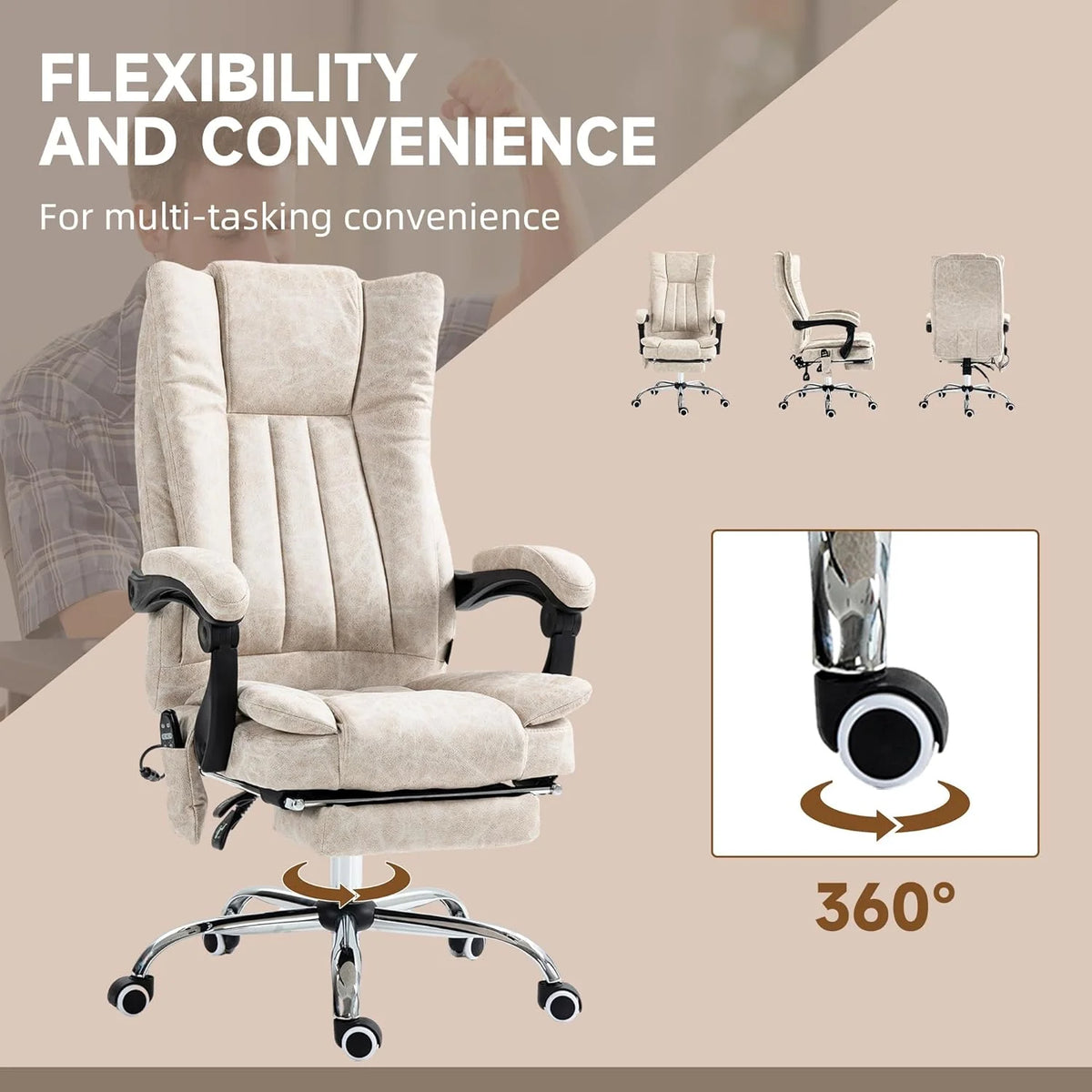 Cream White Microfiber High Back Office Chair with Massage and Footrest P4535