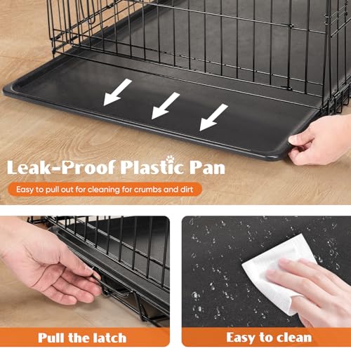 Large 36 Inch Double Door Folding Metal Wire Dog Crate with Divider Panel and Plastic Leak-Proof Pan Tray O34057