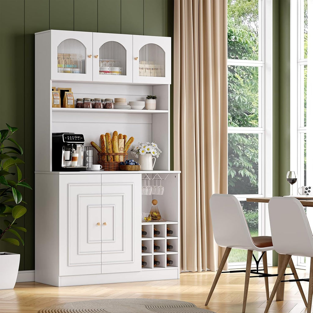 White 71" Tall Freestanding Kitchen Pantry Cabinet with Microwave Stand & Power Outlet S89464