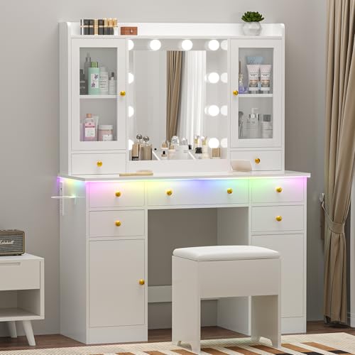 White Vanity Desk with Mirror and Lights S75878