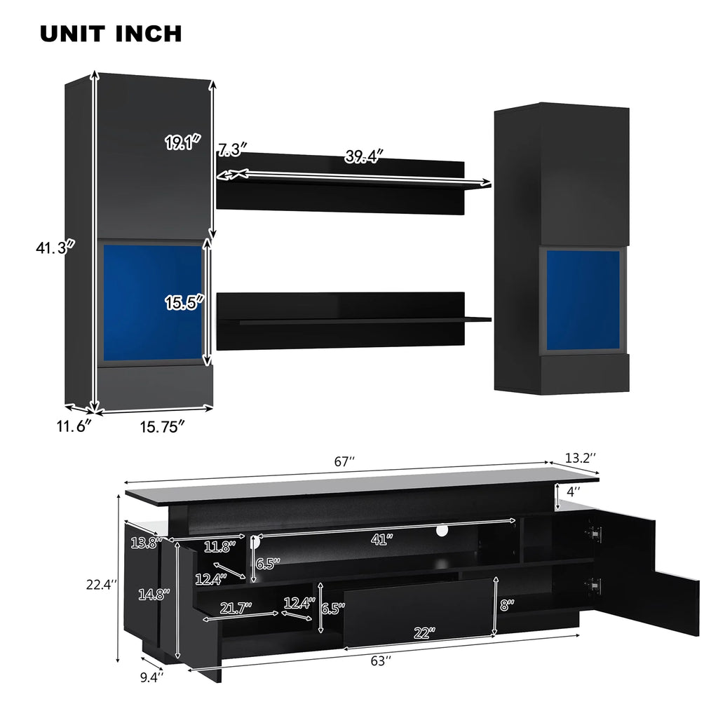 Black High Gloss Wall Mounted Floating TV Stand Set P720