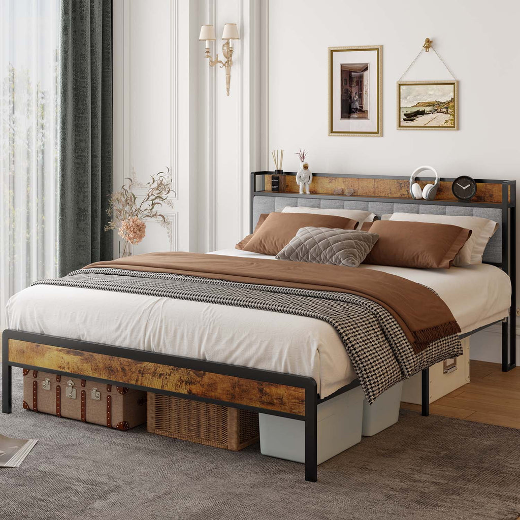 Queen Storage Headboard Metal Platform Bed Frame J90127