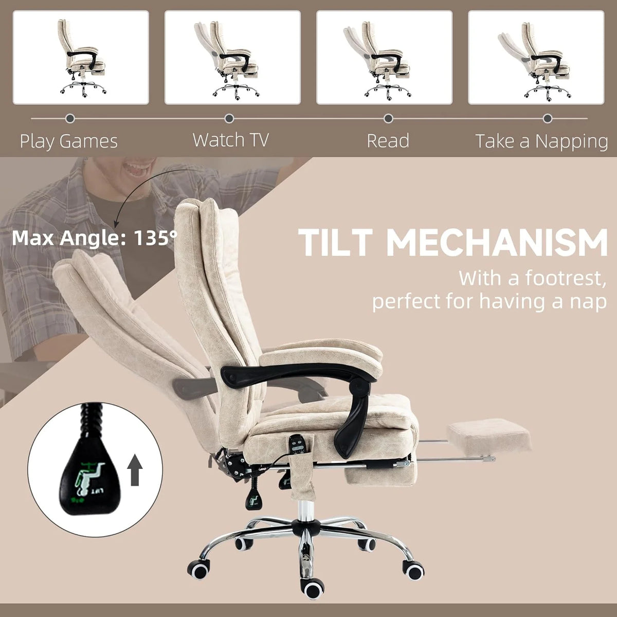 Cream White Microfiber High Back Office Chair with Massage and Footrest P4535