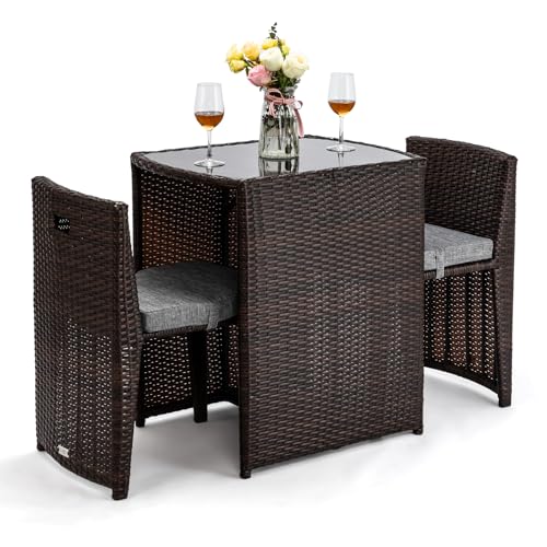 3 PCS Wicker Patio Bistro Set with Glass Top Table and Chairs S46709
