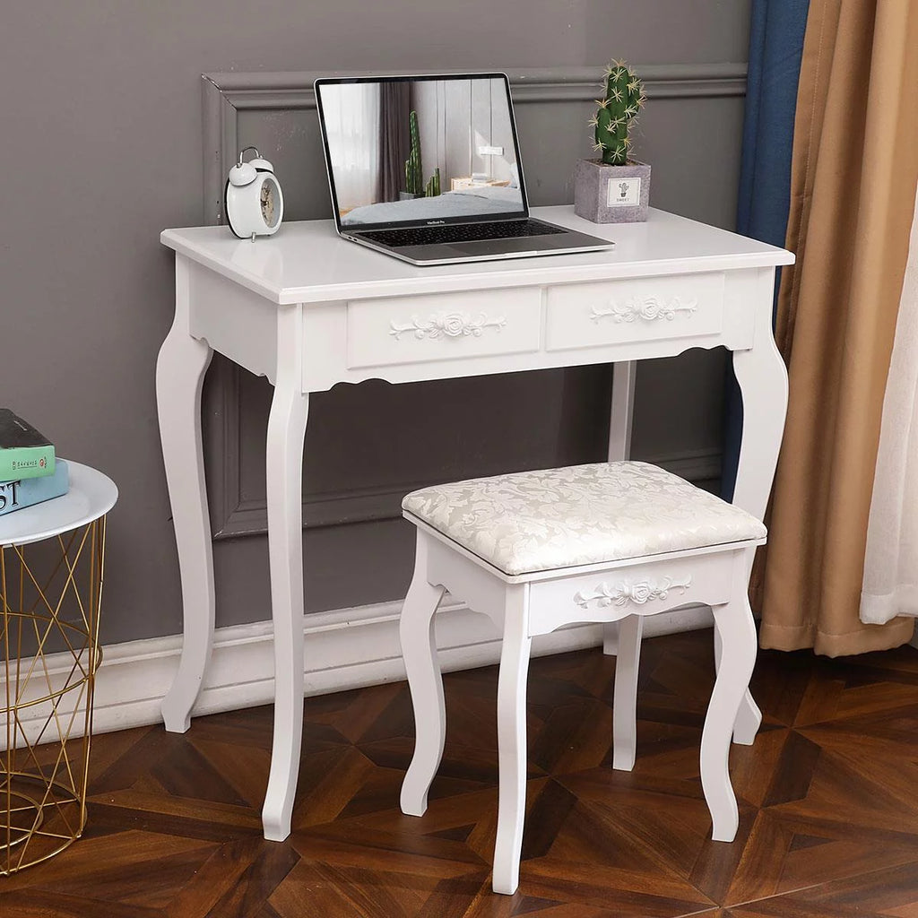 White Vanity Table and Stool Set with 4 Drawers & Mirror I8302