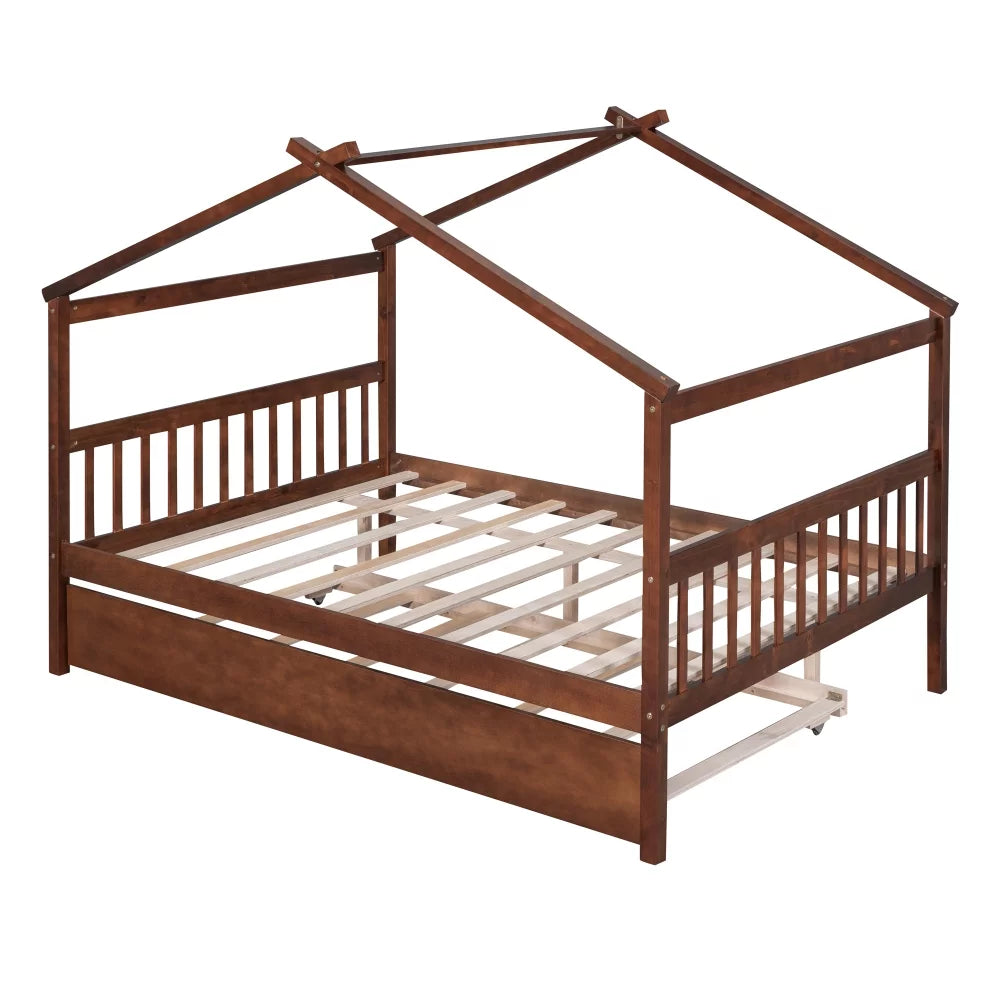 White Twin Size Solid Wood House Bed with Trundle B331