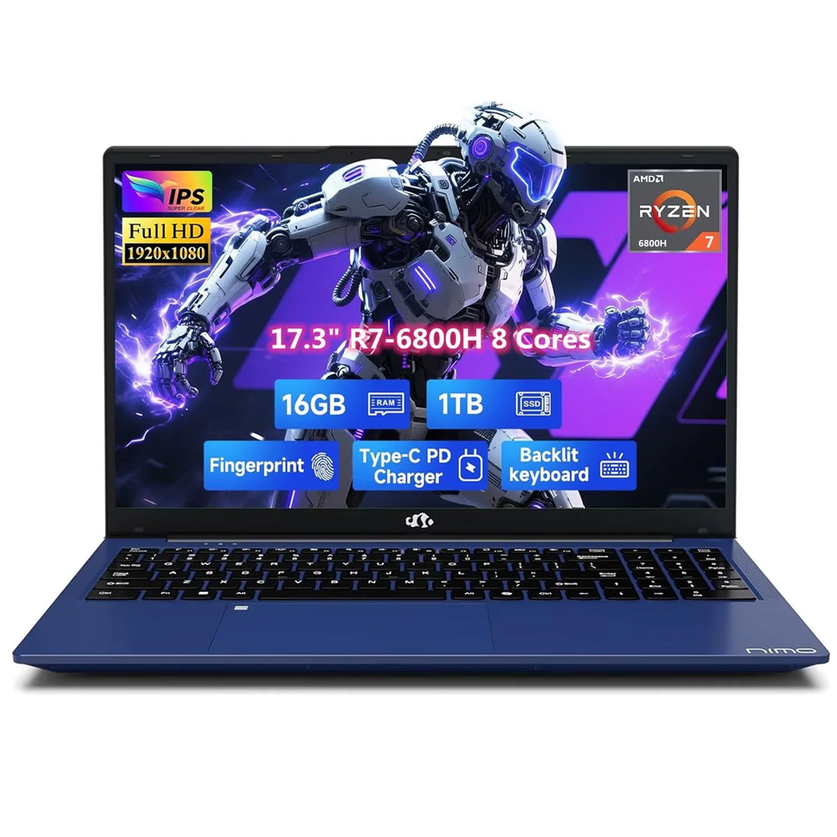 17.3" IPS FHD Gaming Laptop, 8 Cores AMD Ryzen 7 6800H 16GB DDR5 RAM 1TB SSD AMD Radeon 680M GPU Blue G63449