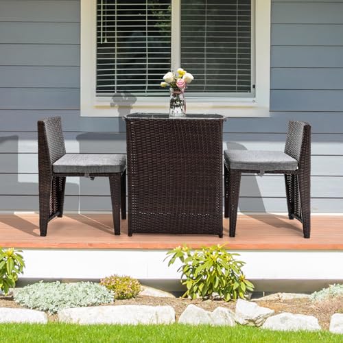 3 PCS Wicker Patio Bistro Set with Glass Top Table and Chairs S46709