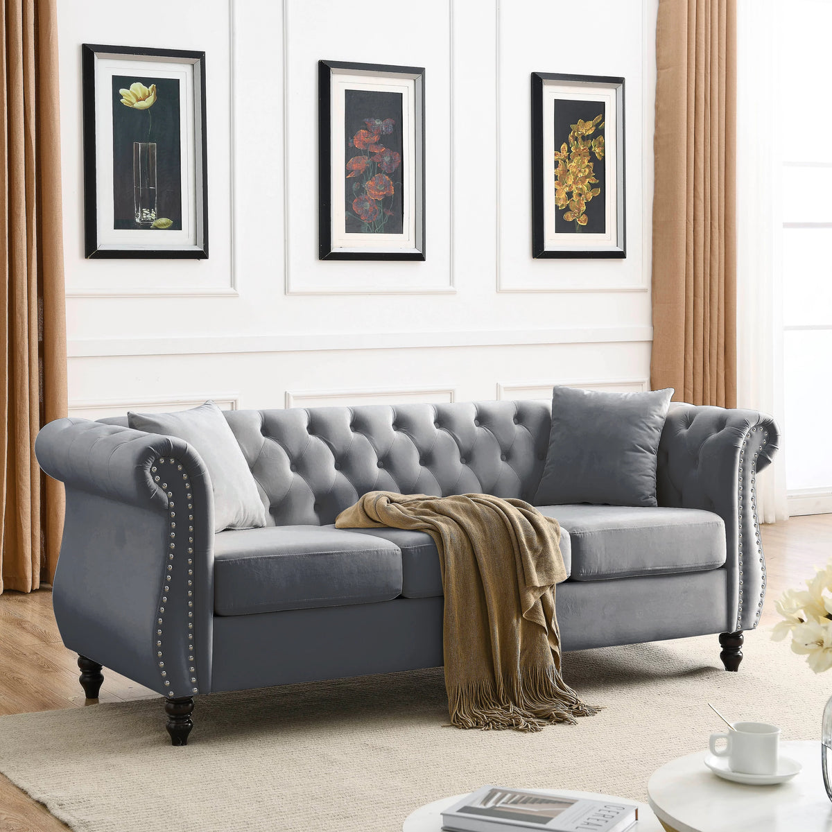 80" 3-Seater Velvet Chesterfield Sofa with 2 Pillows N1527
