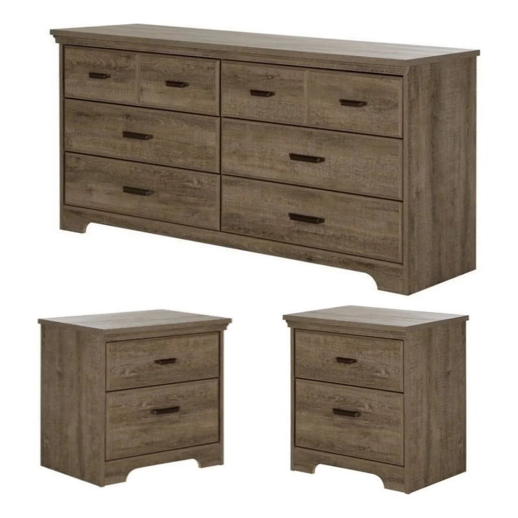 3 Piece Bedroom Set with Dresser and 2 Nightstands in Weathered Oak E2143