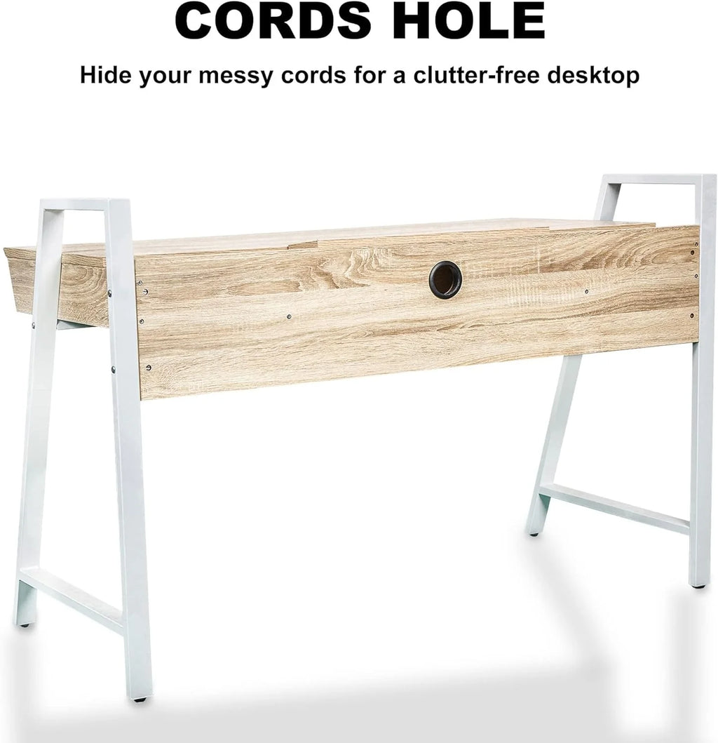 White Wood Computer Desk with Monitor Shelf and Drawers A975530