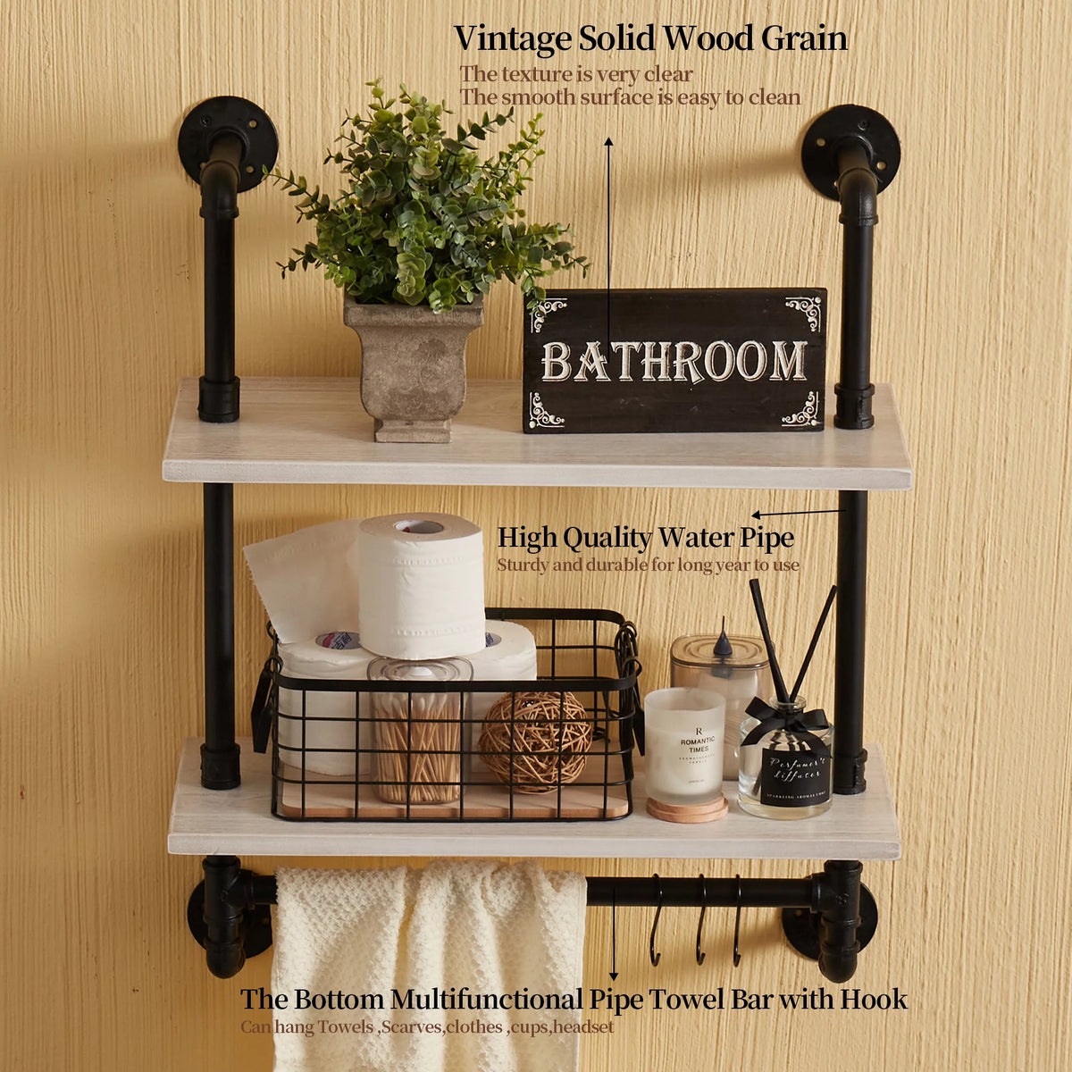 Industrial Pipe Shelving with Towel Bar, 2 Tier 24 inch White U6005