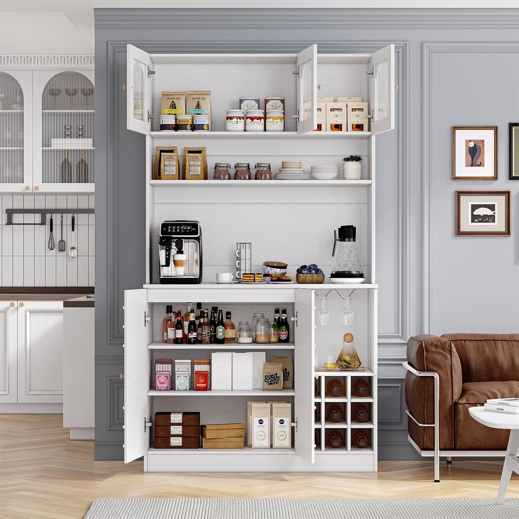 White 71" Tall Freestanding Kitchen Pantry Cabinet with Microwave Stand & Power Outlet S89464