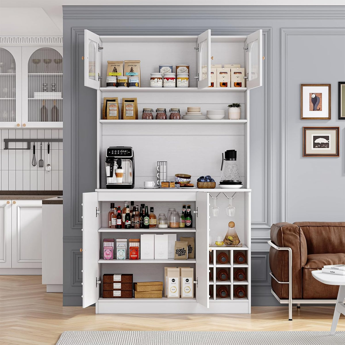 White 71" Tall Freestanding Kitchen Pantry Cabinet with Microwave Stand & Power Outlet S89464