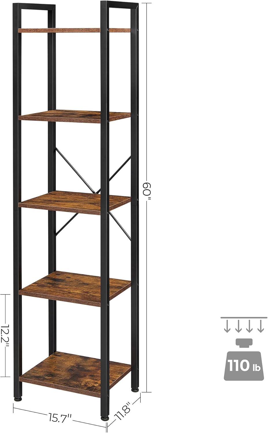 5-Tier Rustic Brown and Black Bookshelf J299144