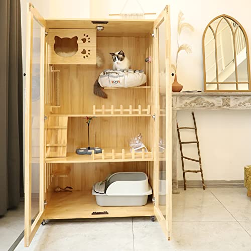 Large Indoor Cat Enclosure with Scratching Post and Lockable Wheels X337205