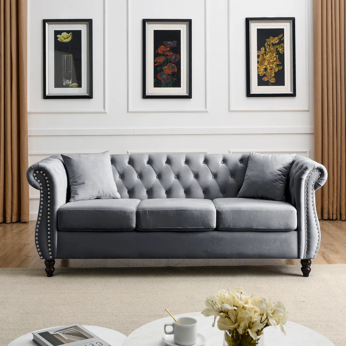 80" 3-Seater Velvet Chesterfield Sofa with 2 Pillows N1527