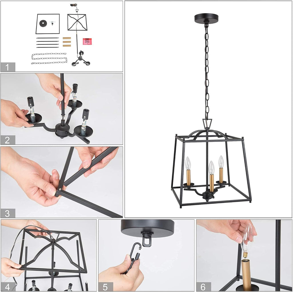 Black Modern 3-Light Lantern Cage Chandelier S623