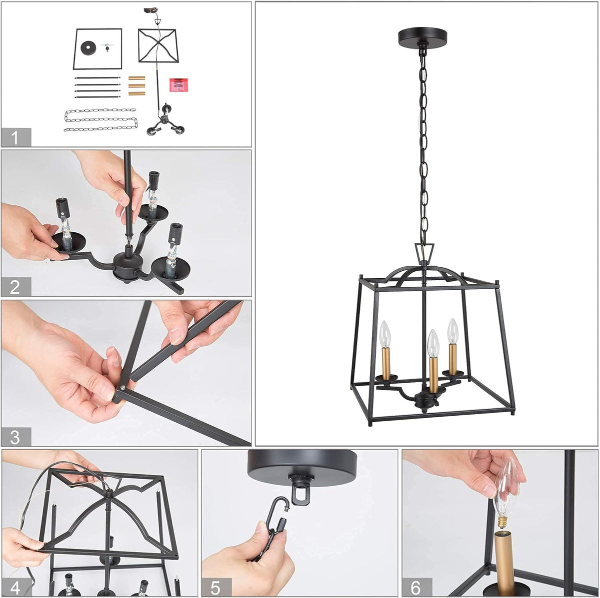 Black Modern 3-Light Lantern Cage Chandelier S623