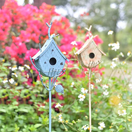 Metal Birdhouse Stake with Pole 39" H Blue F325782