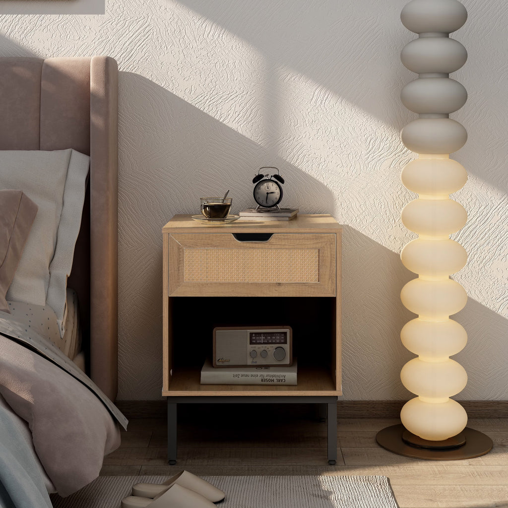Natural Nightstand with Rattan Door and Open Storage E618117