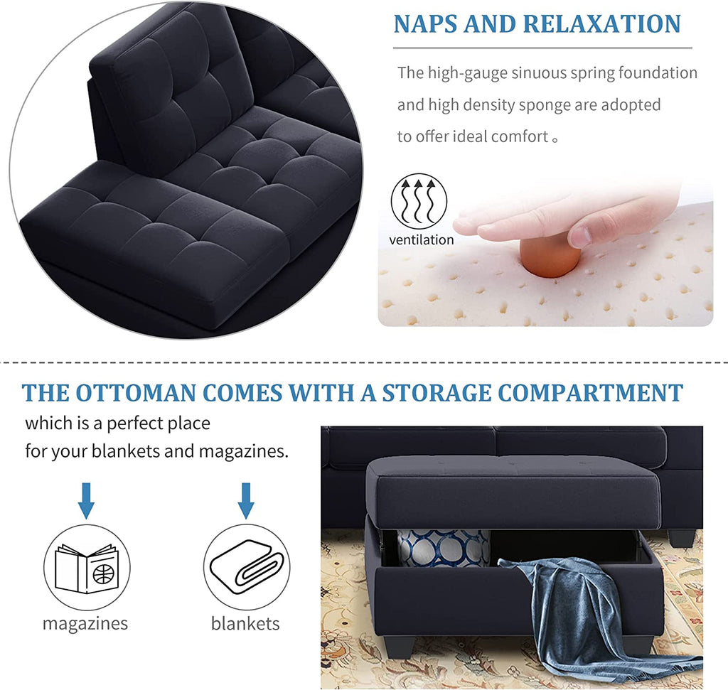 Modern Sectional Sofa with Reversible Chaise, L Shaped Couch Set with Storage Ottoman and Two Cup Holders R6990