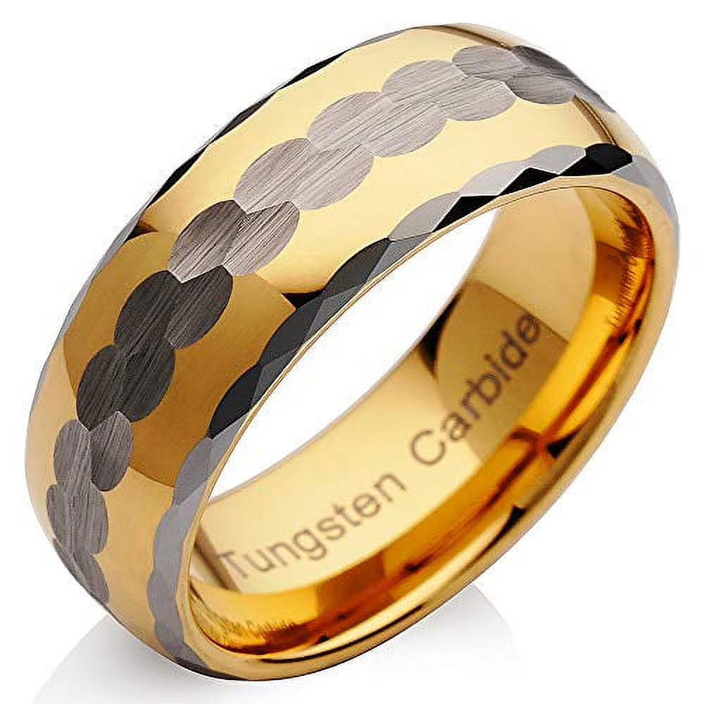 Tungsten Two Tone Gold Silver Hammer Finish Facet Cut Wedding Band Size 13 Z219