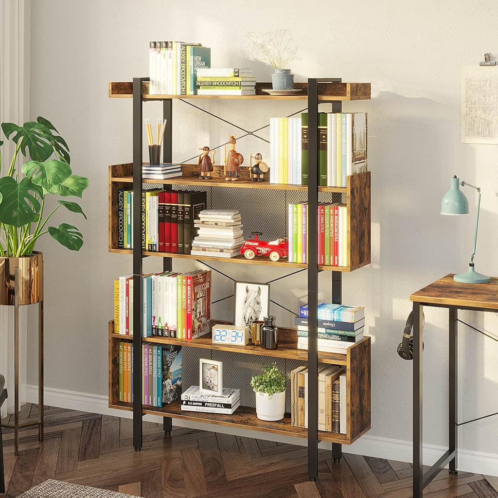 5-Tier Rustic Brown Bookshelf with Metal Frame E2355