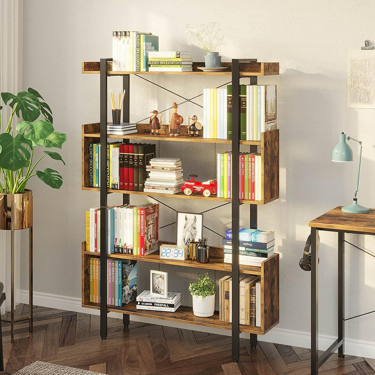 5-Tier Rustic Brown Bookshelf with Metal Frame E2355
