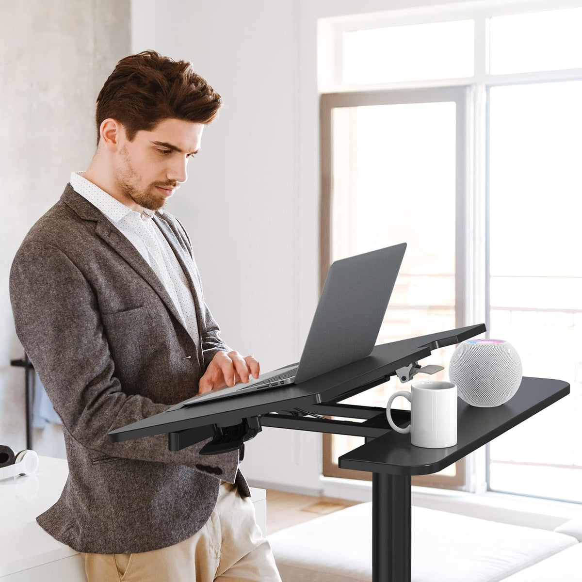 Black Mobile Standing Desk with Split Top Tilting Tray and Brake Casters L4363
