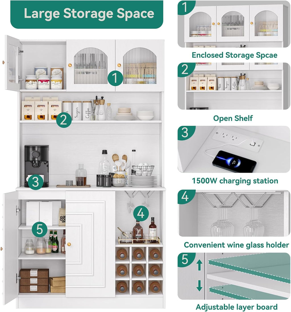 White 71" Tall Freestanding Kitchen Pantry Cabinet with Microwave Stand & Power Outlet S89464