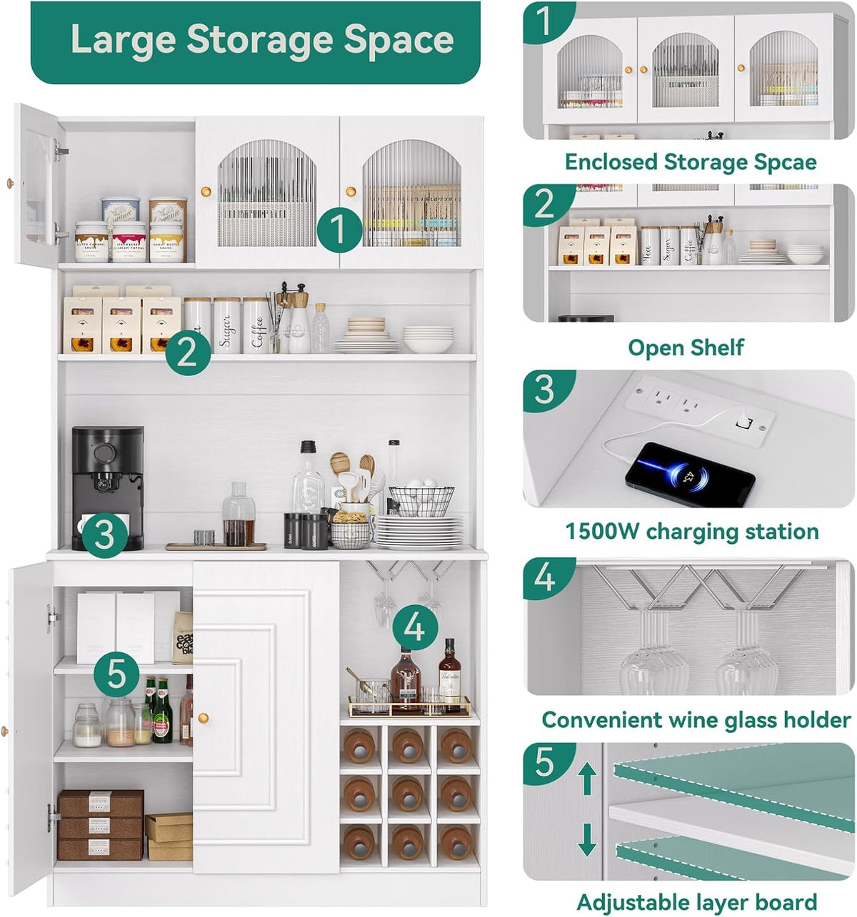 White 71" Tall Freestanding Kitchen Pantry Cabinet with Microwave Stand & Power Outlet S89464