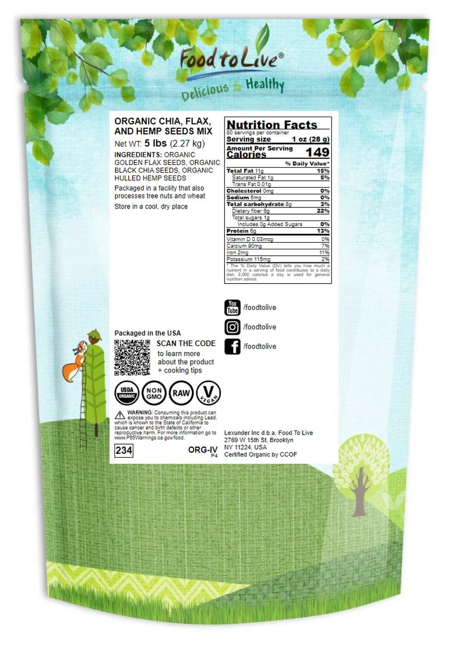 Organic Chia Flax and Hemp Seeds Mix 5 Pounds Non-GMO D637416