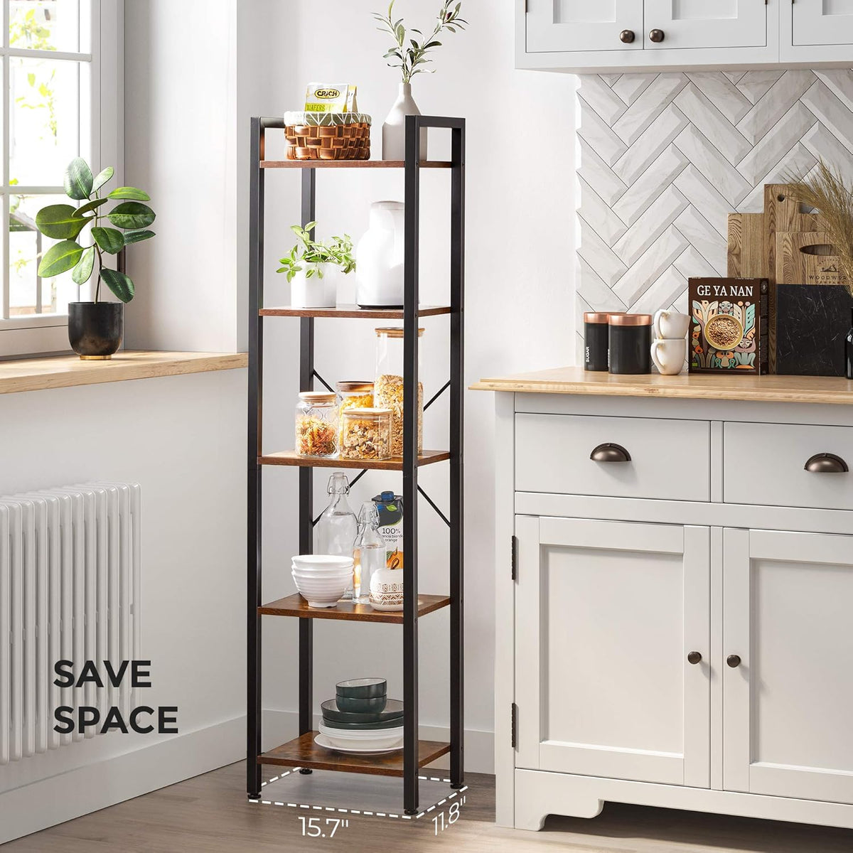 5-Tier Rustic Brown and Black Bookshelf J299144