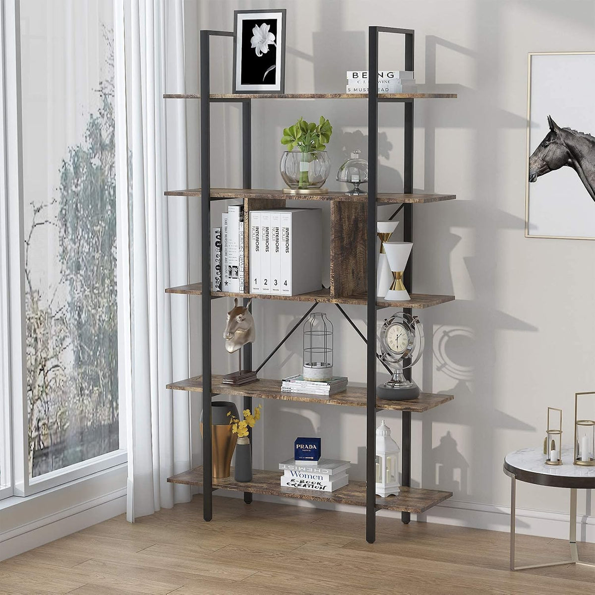 Vintage 5 Shelf Bookcase with Partition, Retro Brown I465138