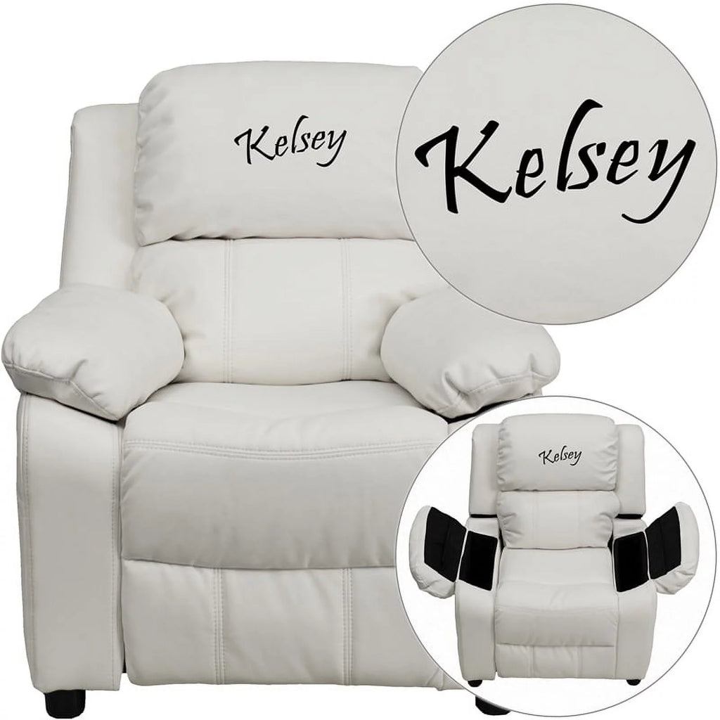 White Vinyl Kids Recliner with Storage Arms I23803
