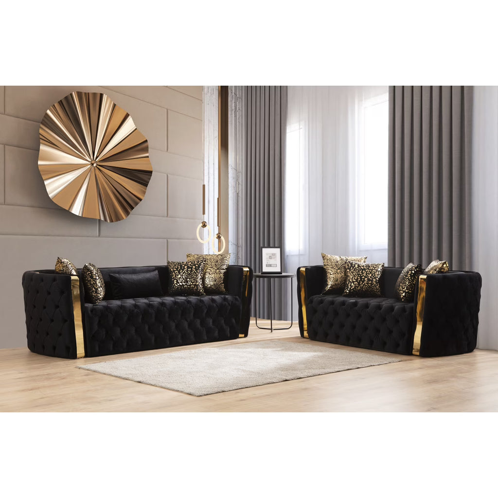 2 Pc Velvet Button Tufted Sofa Set in Black F66281